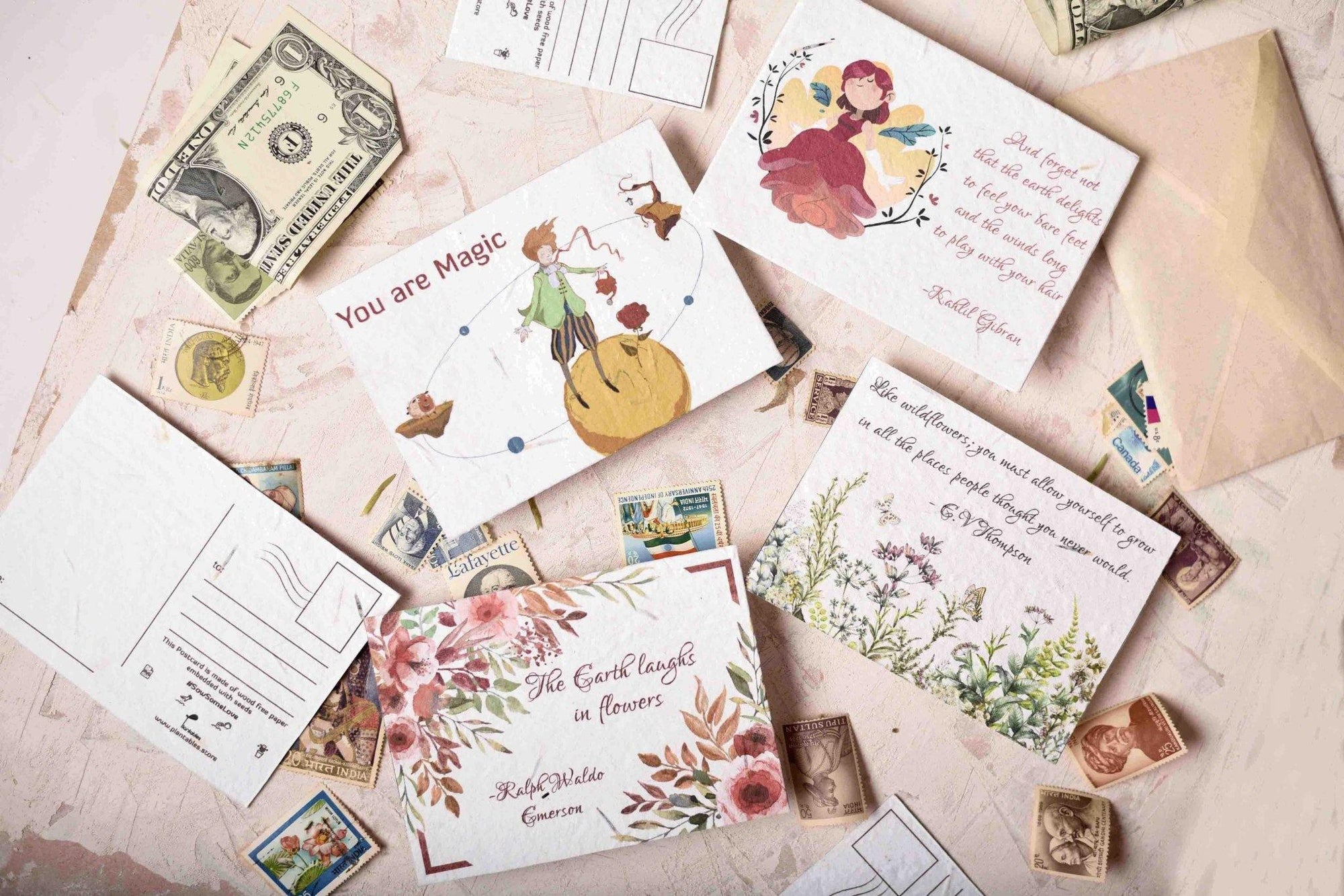 Eco-friendly seed paper postcards with seeds embedded in it