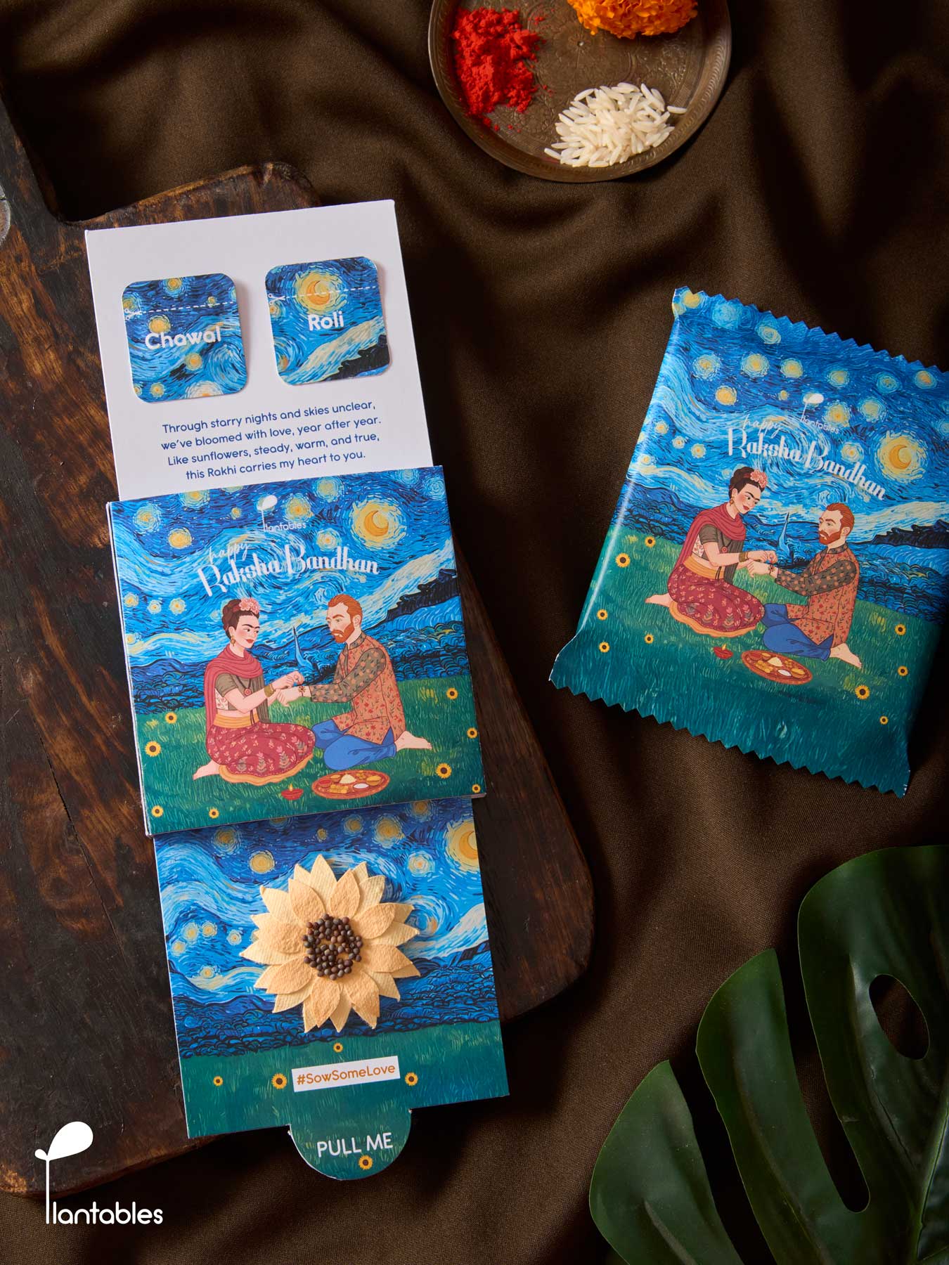 Sunflowers on a Starry Night Rakhi, a plantable seed paper rakhi handmade from upcycled cotton scrap