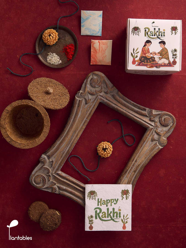 Marigold Rakhi Planting Kit, orange marigold design with seed paper greeting card, roli chawal pockets and coir pot