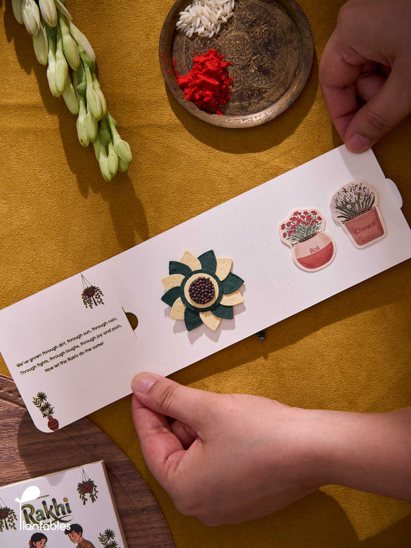 Whorlwind Rakhi, layered petal design in plantable seed paper