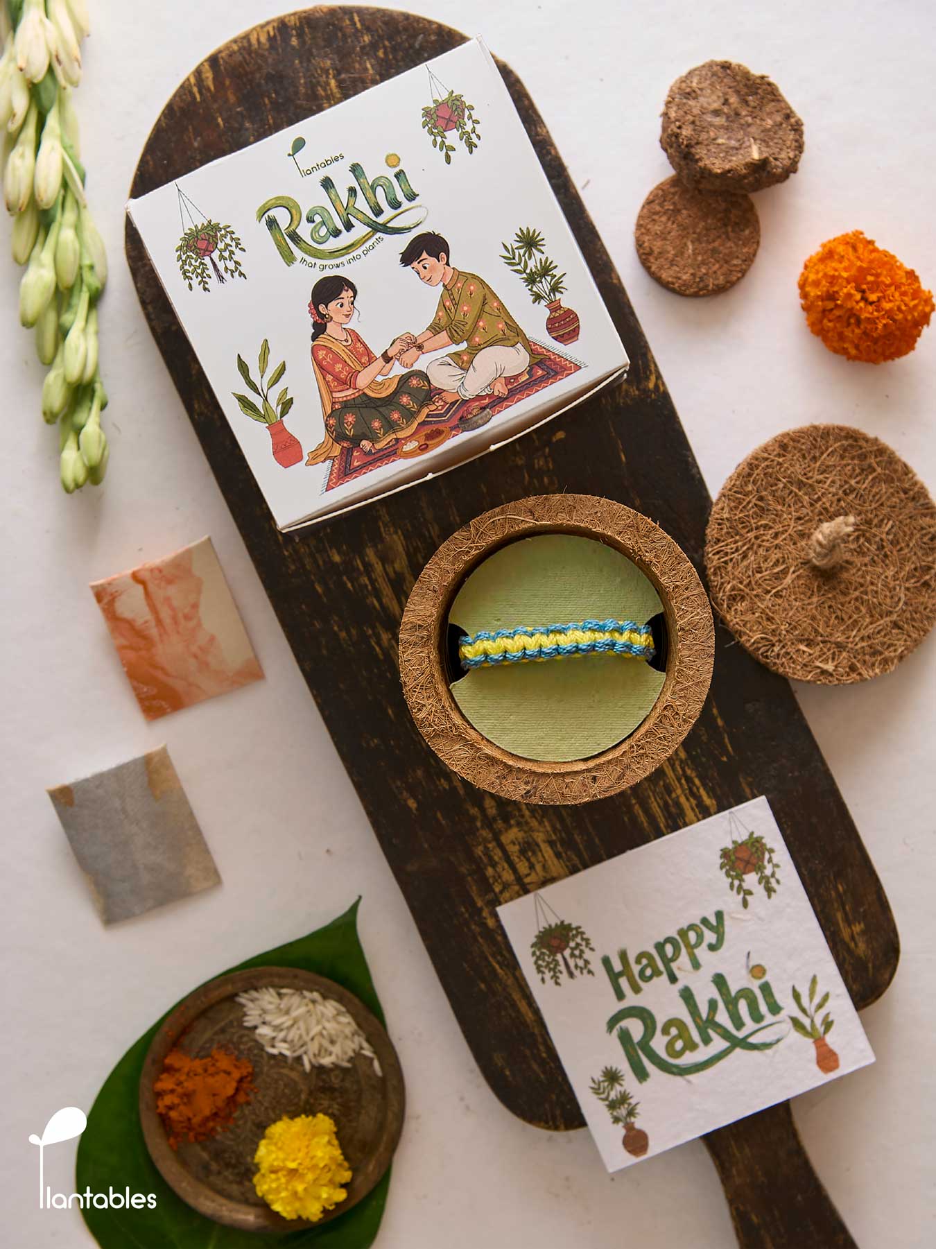 Knotty by Nature Rakhi Planting Kit, braided cotton thread rakhi with seed paper greeting card, roli chawal pockets and coir pot
