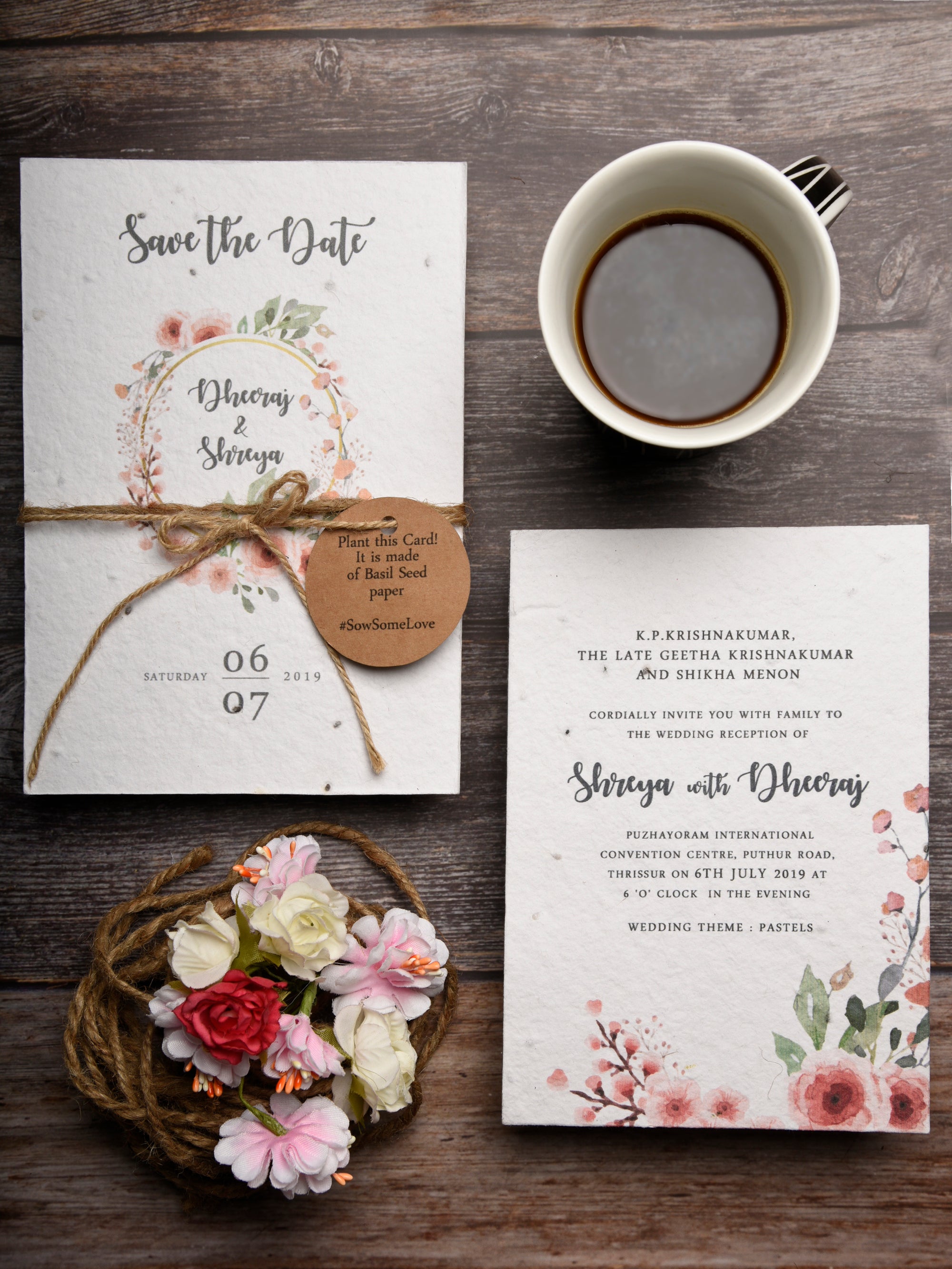 Rustic Peach plantable seed paper wedding card