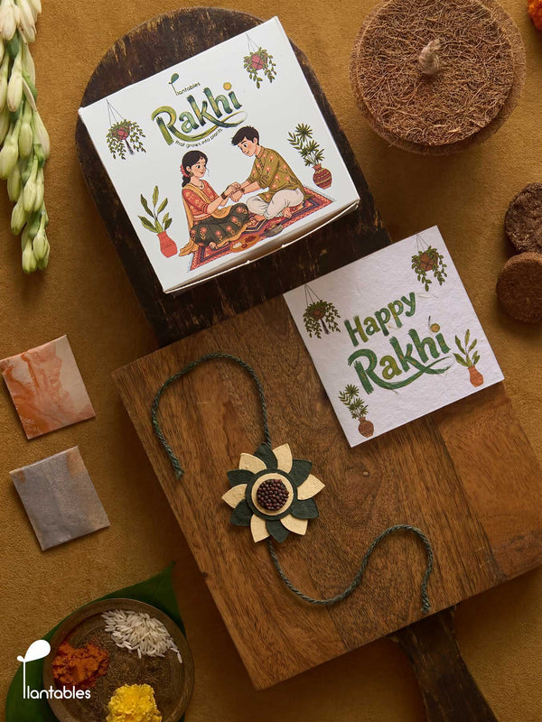 Whorlwind Rakhi Planting Kit, layered petal rakhi with seed paper greeting card, roli chawal pockets and coir pot