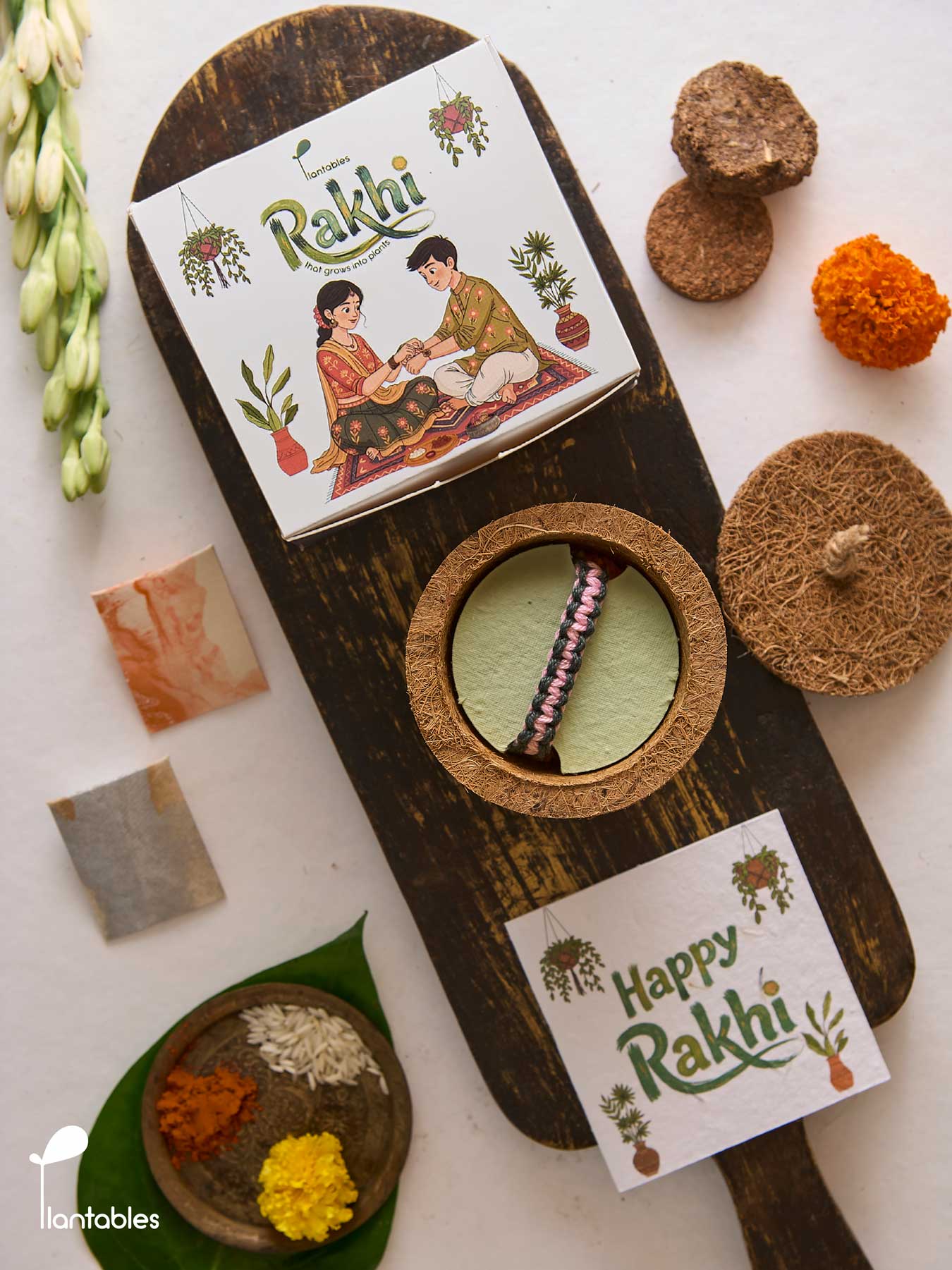 Knotty by Nature Rakhi Planting Kit, braided cotton thread rakhi with seed paper greeting card, roli chawal pockets and coir pot